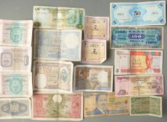 Seventeen overseas bank notes etc circa World War II era etc includes British Armed Forces