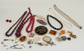 A collection of costume jewellery including two silver brooches, Stratton compact, enamel brooch,