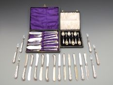 Cased set of six hallmarked silver teaspoons, weight 72g, cased Mappin and Webb plated fish