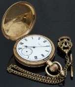 Elgin gold plated keyless winding full hunter pocket watch with inset subsidiary seconds dial, blued