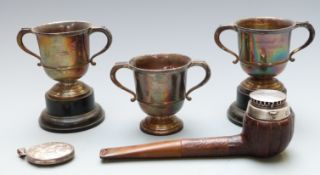 Three small hallmarked silver trophy cups, weight 183g, two on bases, Victorian hallmarked silver