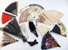Fourteen various fans including pierced example with decoration of Chinese ladies, ostrich feather