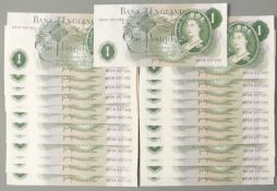 Twenty-five Elizabeth II Governor J B Page Bank of England £1 notes, all uncirculated, clean and