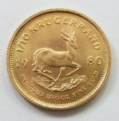 1980 gold one tenth Krugerrand coin, 3.4g