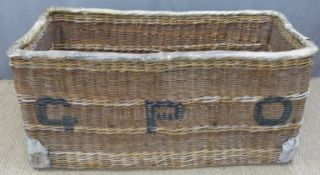 General Post Office large wicker mail basket with vellum covering to the top lip, marked GPO to