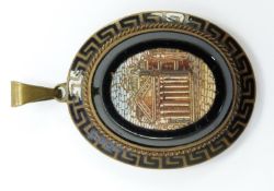 Victorian pendant set with micro mosaic depicting the Pantheon within enamel Greek key border, 3 x