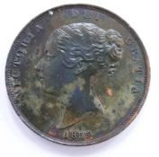 Queen Victoria 1855 copper penny, OT, far colon after DEF, EF+ - unc, toning and some lustre