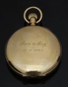 J W Benson 9ct gold keyless winding open faced pocket watch with subsidiary seconds dial, gold
