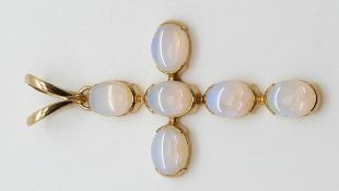 A 14ct cross pendant set with 6 oval opal cabochons, 3.8g