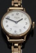 Avia 9ct gold ladies wristwatch with black hands and Arabic numerals, silver dial and 17 jewel