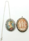 A silver pendant/ brooch set with a cameo depicting the Three Graces and a portrait miniature set