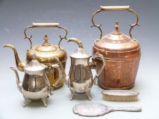 Large copper teapot, height 37cm, similar brass example and various plated ware