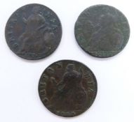 Three William III halfpennies, 1697, 1699 and 1700, all around F+