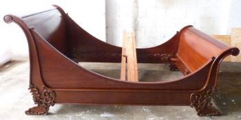 Carved mahogany sleigh bed with scroll end, overall size L262 x W163 x H123, mattress size