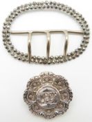 Victorian cut steel buckle and a hallmarked silver Victorian mourning brooch, Birmingham 1881