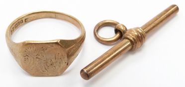 A 9ct gold signet ring and T bar marked 9ct, 7.3g