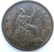 Queen Victoria 1874 bun head bronze penny, Heaton Mint, H in exergue, OLT, unc, toned