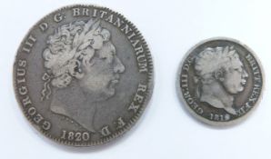 George III 1820 crown F+ together with an 1816 shilling