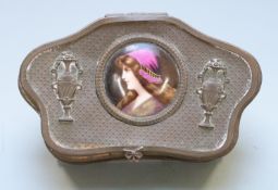 Late 19th or early 20th century gilt metal trinket box with portrait miniature of a lady on