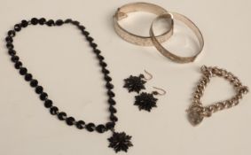 Victorian jet necklace and earrings with 9ct gold fittings, two silver bangles and a curb link