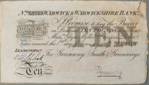 Warwick & Warwickshire Provincial ten pound bank note 1887, no tears or holes
