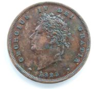 George IV 1825 copper penny, laureate head obverse, Britannia reverse, toned EF- near unc