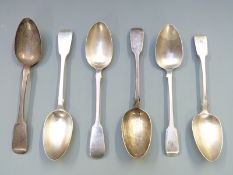Six various 19th century hallmarked silver fiddle pattern table spoons, including an Edinburgh