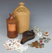 Bent's Brewery Co Ltd, Liverpool stone bottle (34cm tall), Walker's Scarlet ink stone bottle (25cm