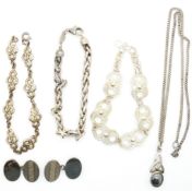 A silver bracelet and pendant by Kit Heath, a pair of silver cufflinks, silver filigree bracelet and
