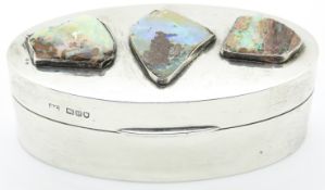 A hallmarked silver jewellery or trinket box set with three opal sections or cabochons, London 1900,