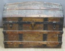 A 19thC metal and ash bound domed chest with leather handles, H62 x W83 x D51cm