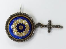 A 19thC cut steel brooch set with enamel, width 2cm x length 3.7cm