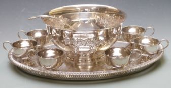 Plated punch bowl, ladle and cups om galleried tray, width 55cm