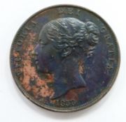 Queen Victoria 1858 copper penny, OT, far colon after DEF, no WW, unc, light die cracks in field