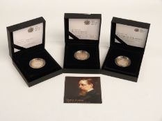 Three cased silver proof piedfort £2 coins commemorating literary luminaries including Charles