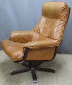 c1970s leather swivel chair on bentwood frame, finished in tan