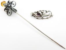 Charles Horner hallmarked silver hat pin and brooch both in the form of a stylised thistle