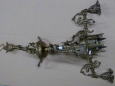 Gilt metal three branch light fitting with scrolling decoration, height of main piece 46cm