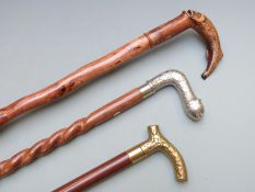 Three walking canes, one with handles carved as a fish