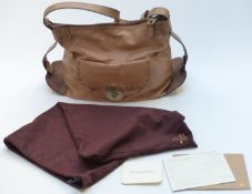 Mulberry leather handbag in light tan finish with antique brass coloured fittings, with care