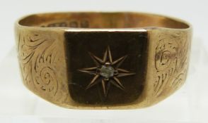 A 9ct gold signet ring set with a diamond, 3g (size R)