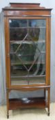 Edwardian glazed display cabinet with inlaid decoration and shelf below, W66 x D35 x H160cm