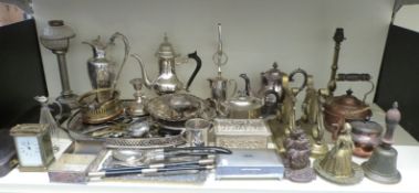 A quantity of silver plated and other metalware to include oil lamp base with reeded column and