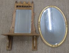 Two bevelled edge mirrors, one pine with shelf below, height 96cm