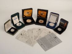 Six Australian silver coins including 1999 $1 Last of the Anzacs, 1999 $1 Sydney 2000 Olympics, $5