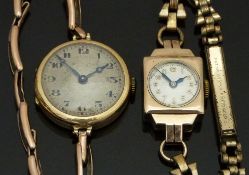 Two ladies wristwatches comprising one 18ct with blued hands and black Arabic numerals, on 9ct