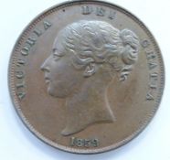 Queen Victoria 1859 copper penny, OT, far colon after DEF, no WW, EF-new unc, toned