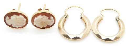 A pair of 9ct gold earrings and a pair of 18ct gold studs set with cameos