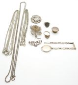 Victorian silver brooch, silver necklaces, filigree brooch, a silver identity bracelet, Charles