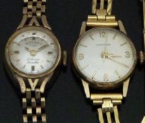 Two 9ct gold ladies wristwatches Rotary with gold and black hands and baton markers, silver dial and